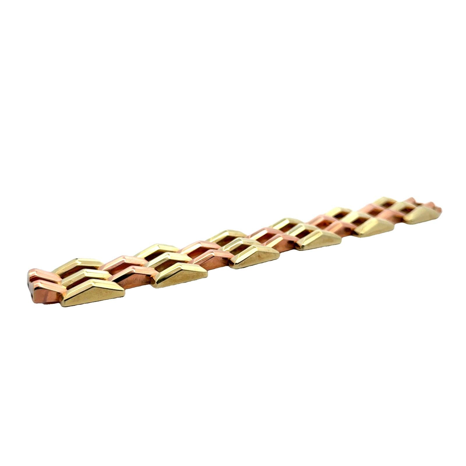 1950's Retro Yellow & Rose 14 Karat Gold Wide Link Three Row Bracelet