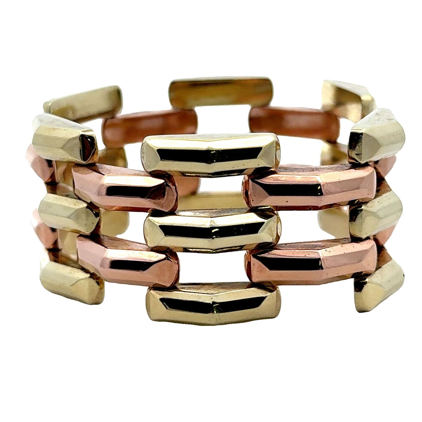 1950's Retro Yellow & Rose 14 Karat Gold Wide Link Three Row Bracelet