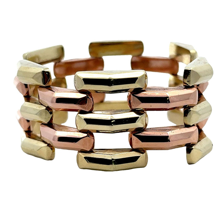 1950's Retro Yellow & Rose 14 Karat Gold Wide Link Three Row Bracelet
