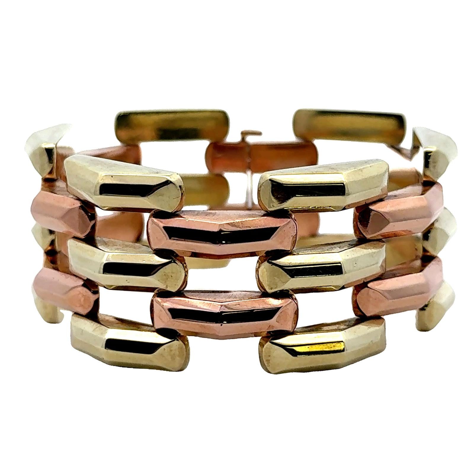 1950's Retro Yellow & Rose 14 Karat Gold Wide Link Three Row Bracelet