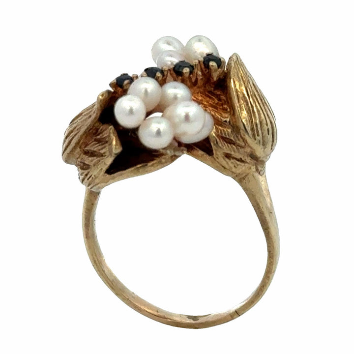 Late-20th Century Cultured Pearl Sapphire 14K Yellow Gold Vintage Tulip Ring