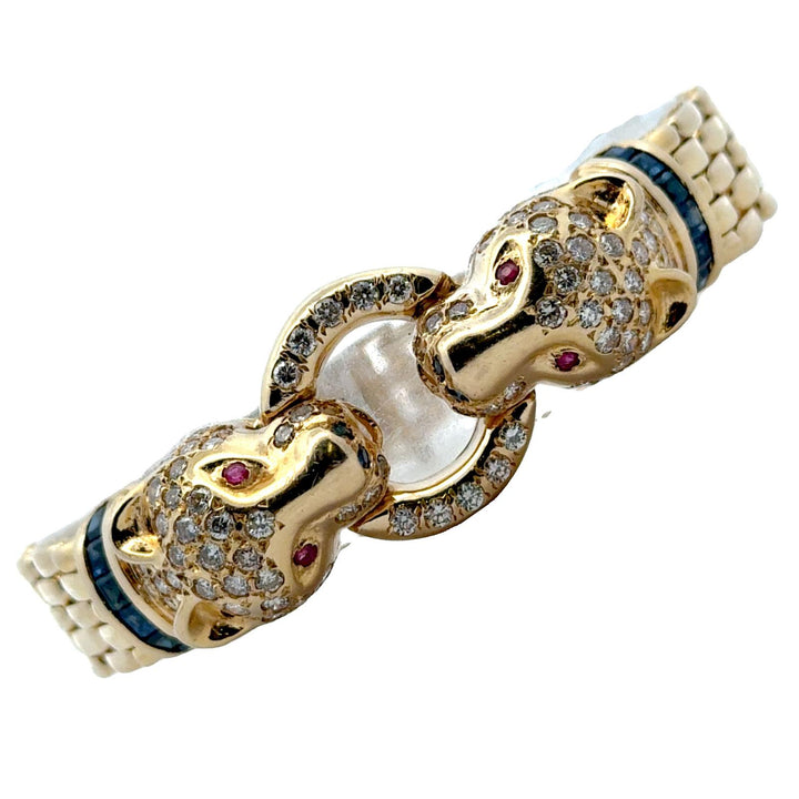 Diamond 14 Karat Yellow Gold Panther Bracelet Accent Rubies & Sapphires