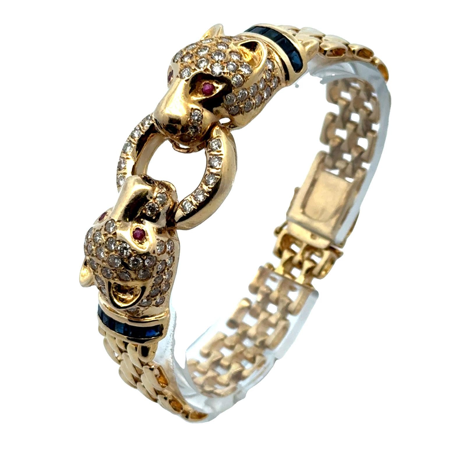 Diamond 14 Karat Yellow Gold Panther Bracelet Accent Rubies & Sapphires