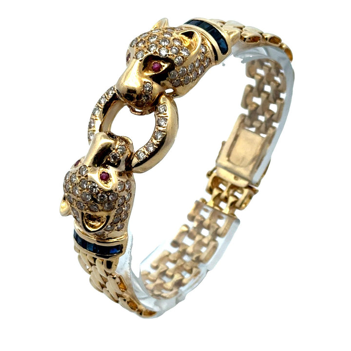 Diamond 14 Karat Yellow Gold Panther Bracelet Accent Rubies & Sapphires