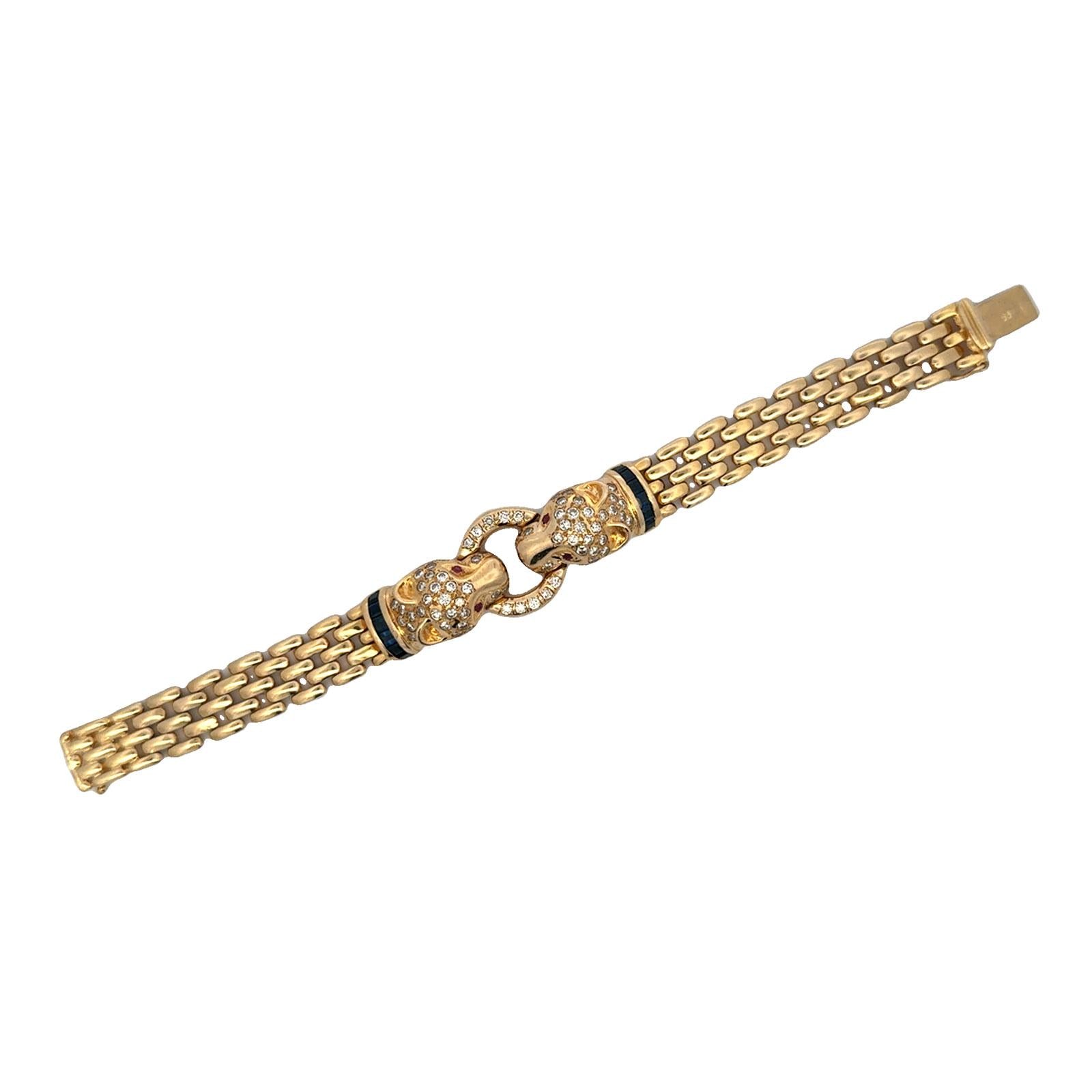 Diamond 14 Karat Yellow Gold Panther Bracelet Accent Rubies & Sapphires