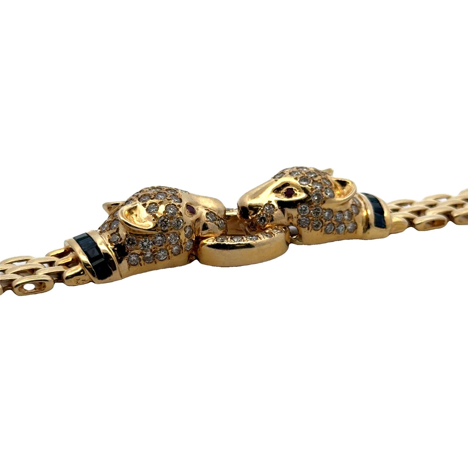 Diamond 14 Karat Yellow Gold Panther Bracelet Accent Rubies & Sapphires