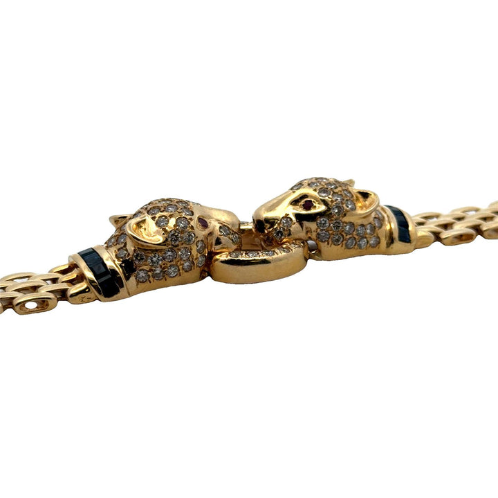 Diamond 14 Karat Yellow Gold Panther Bracelet Accent Rubies & Sapphires