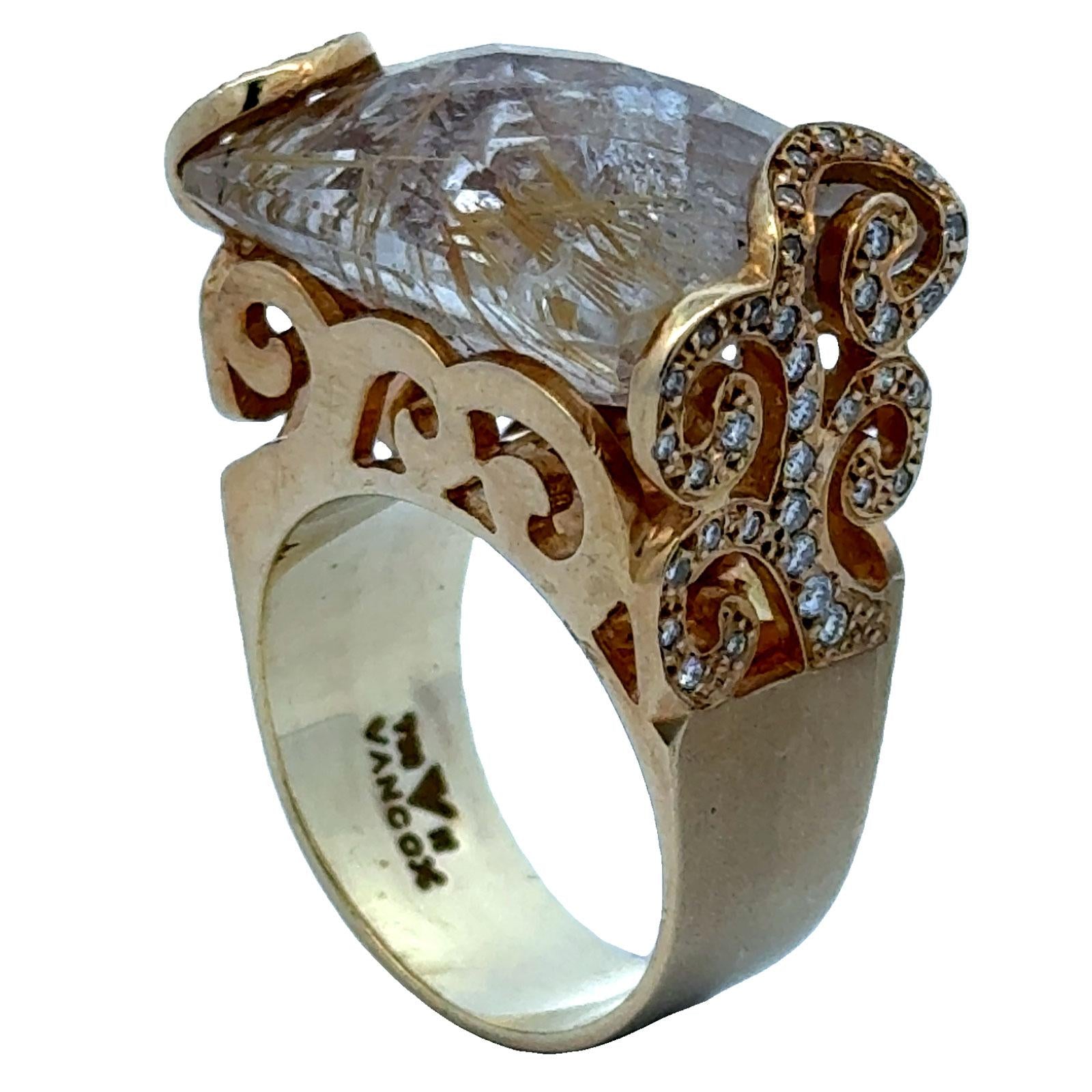 Diamond & Carved Rutile Quartz 18 Karat Yellow Gold Contemporary Ring Vancox
