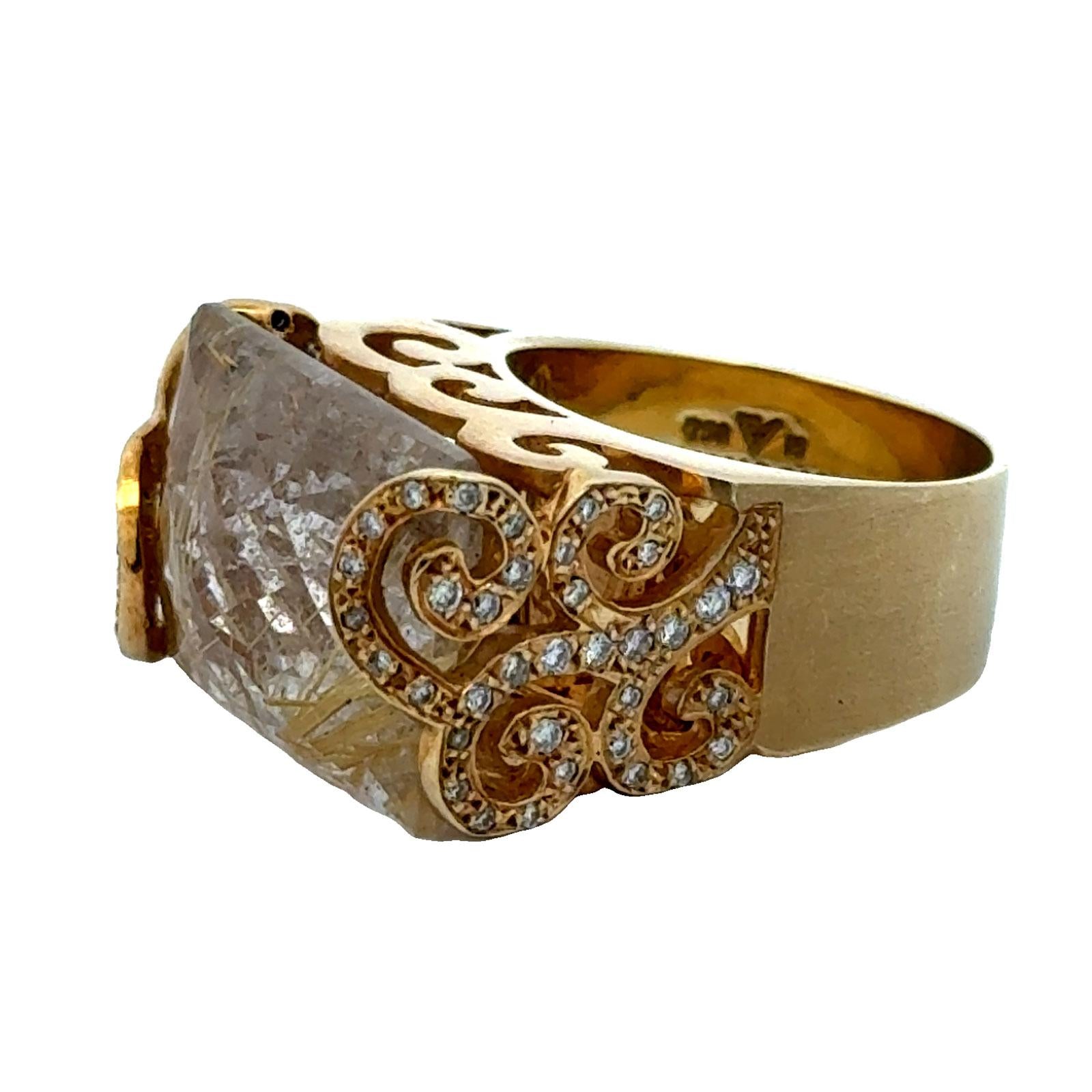Diamond & Carved Rutile Quartz 18 Karat Yellow Gold Contemporary Ring Vancox