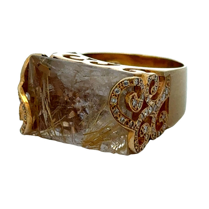 Diamond & Carved Rutile Quartz 18 Karat Yellow Gold Contemporary Ring Vancox