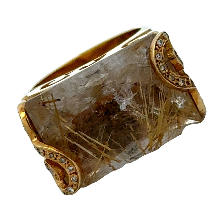 Diamond & Carved Rutile Quartz 18 Karat Yellow Gold Contemporary Ring Vancox