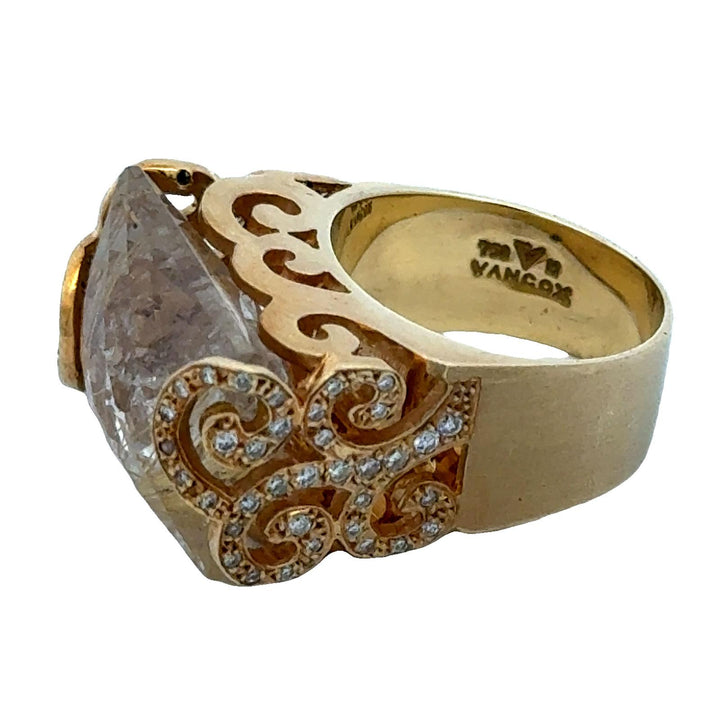 Diamond & Carved Rutile Quartz 18 Karat Yellow Gold Contemporary Ring Vancox
