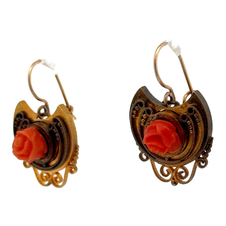 Victorian Carved Coral 14 Karat Yellow Gold Rose Bud Handcrafted Dangle Earrings