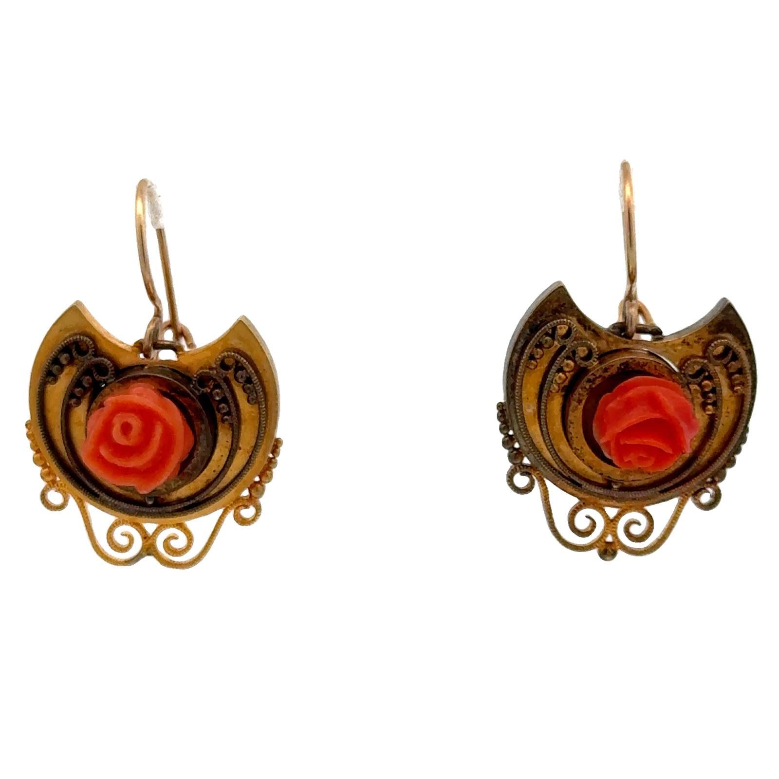Victorian Carved Coral 14 Karat Yellow Gold Rose Bud Handcrafted Dangle Earrings