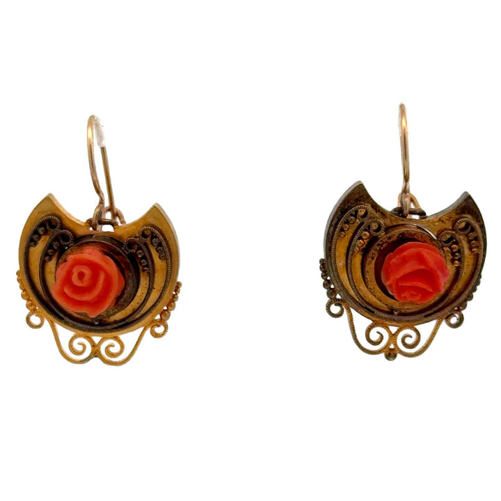 Victorian Carved Coral 14 Karat Yellow Gold Rose Bud Handcrafted Dangle Earrings