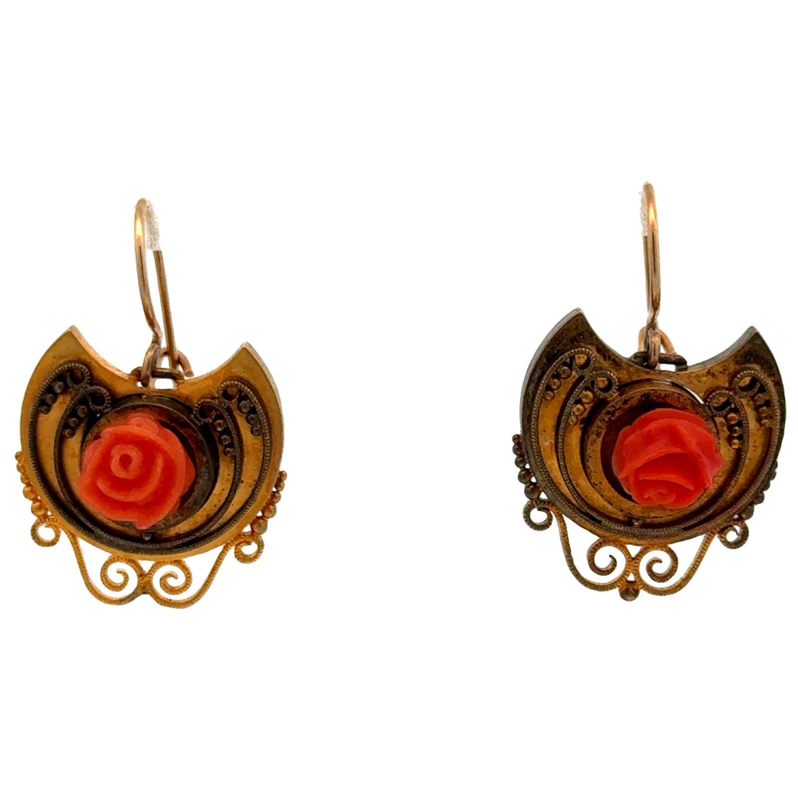 Victorian Carved Coral 14 Karat Yellow Gold Rose Bud Handcrafted Dangle Earrings