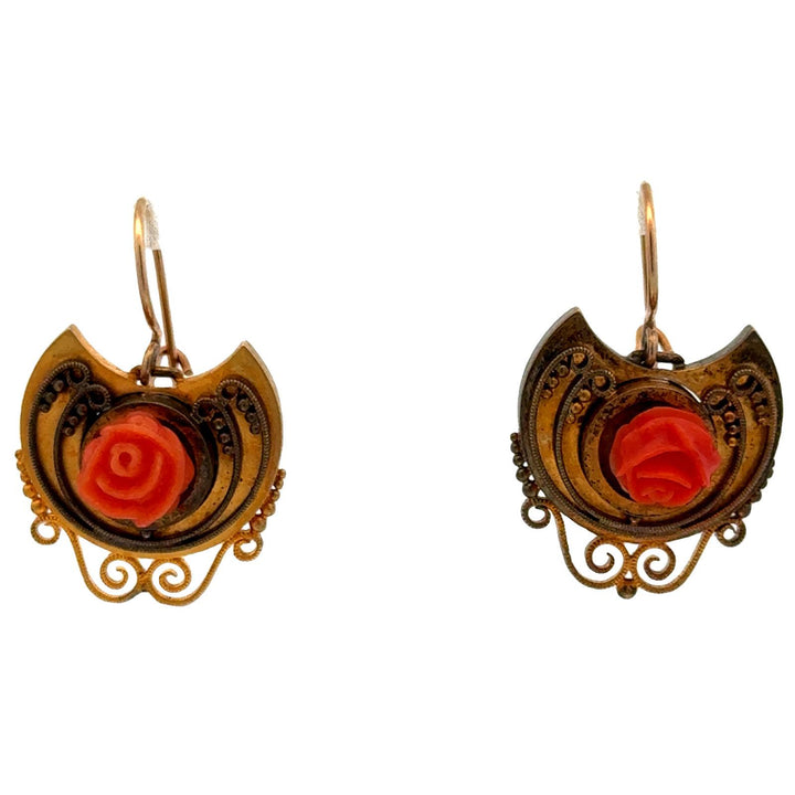 Victorian Carved Coral 14 Karat Yellow Gold Rose Bud Handcrafted Dangle Earrings