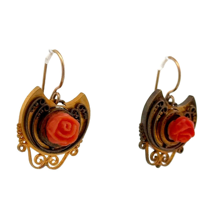 Victorian Carved Coral 14 Karat Yellow Gold Rose Bud Handcrafted Dangle Earrings
