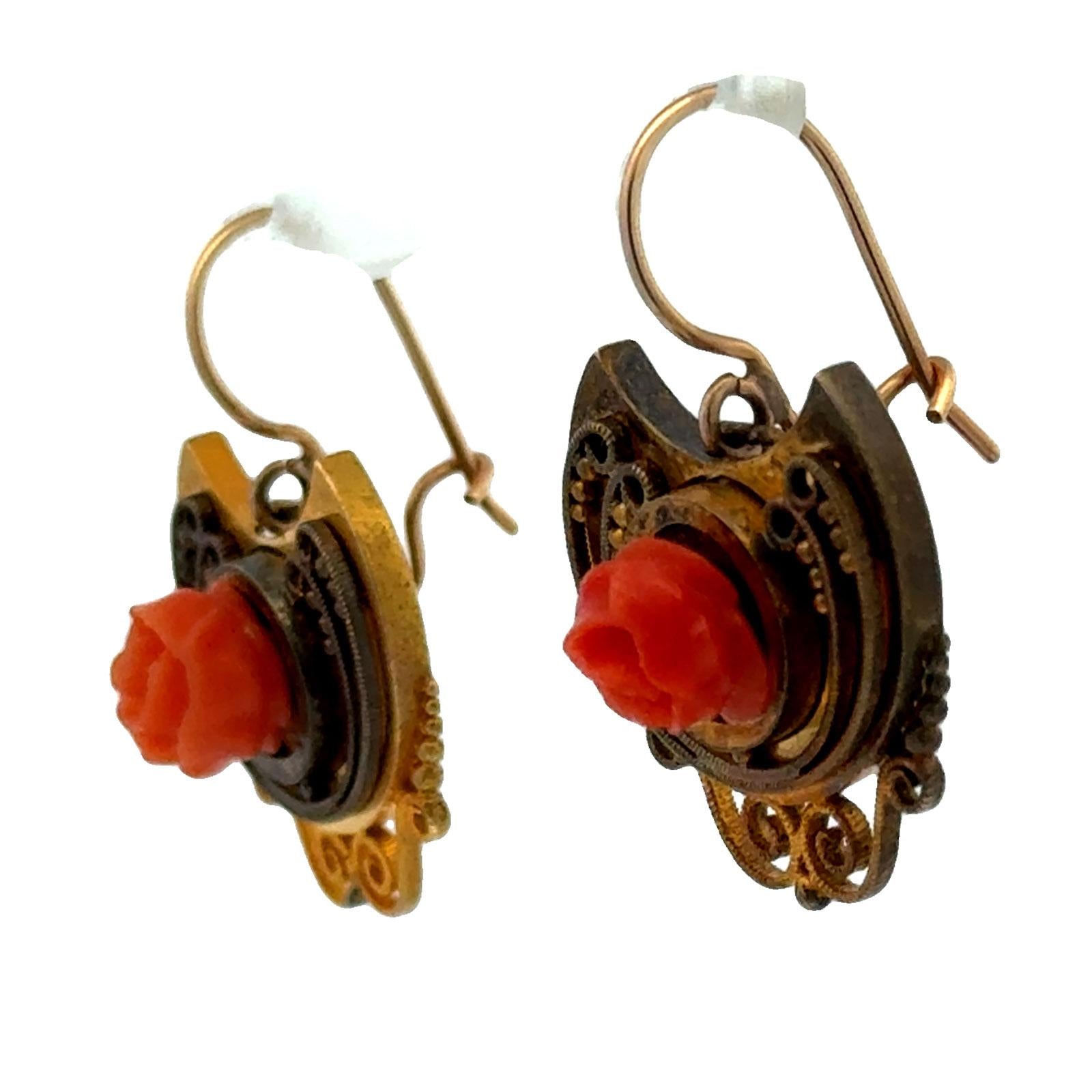 Victorian Carved Coral 14 Karat Yellow Gold Rose Bud Handcrafted Dangle Earrings