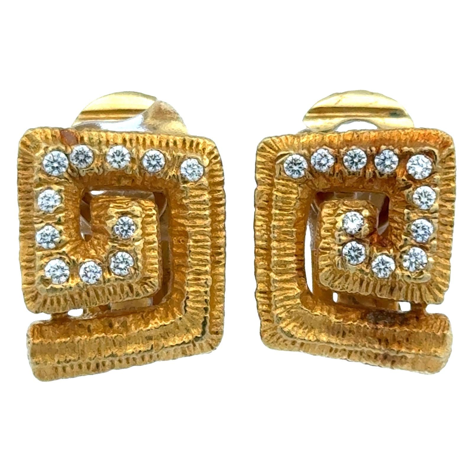 Mapamenos-Natepas 18K Yellow Textured Gold Diamond Greek Key Ear Clip Earrings