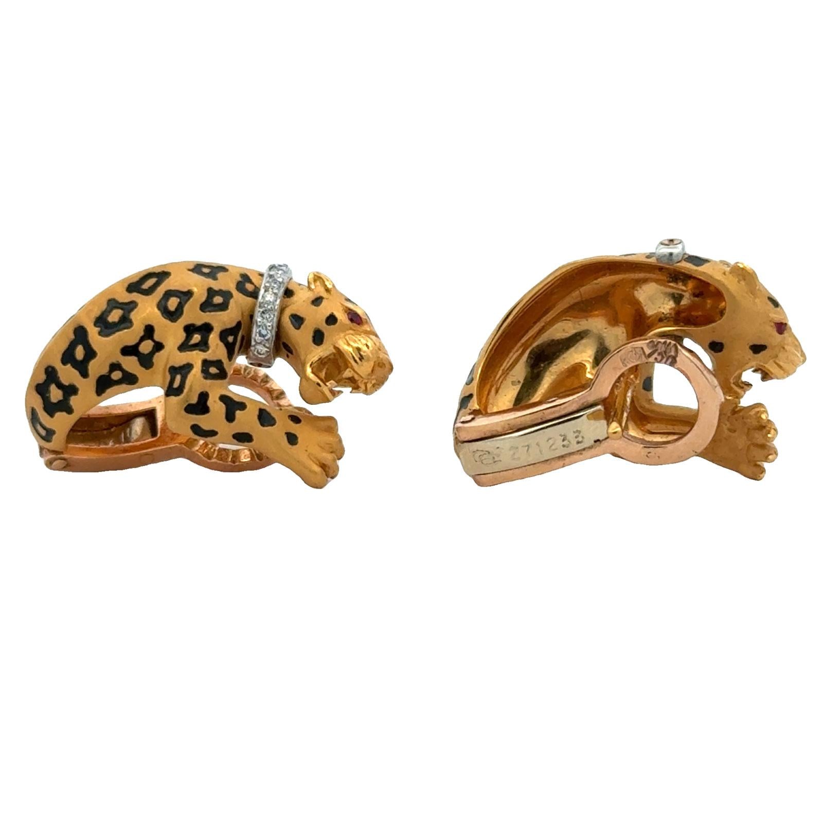 Carrera Y Carrera 18K Yellow Gold Diamond & Enamel Panther Earrings