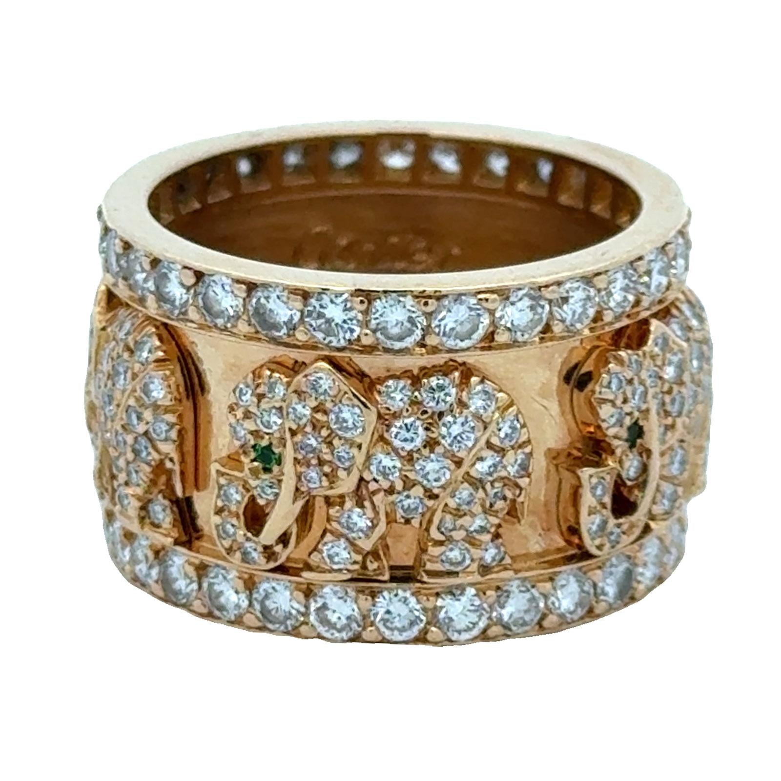 Cartier Diamond Emerald Elephant 18 Karat Yellow Gold Band Ring Size 6.5 (53)