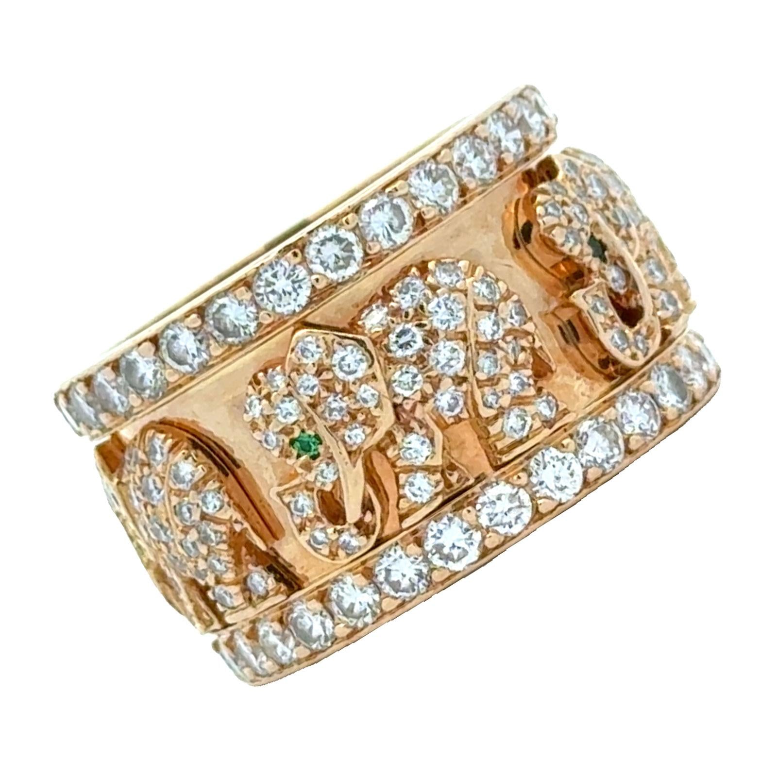 Cartier Diamond Emerald Elephant 18 Karat Yellow Gold Band Ring Size 6.5 (53)