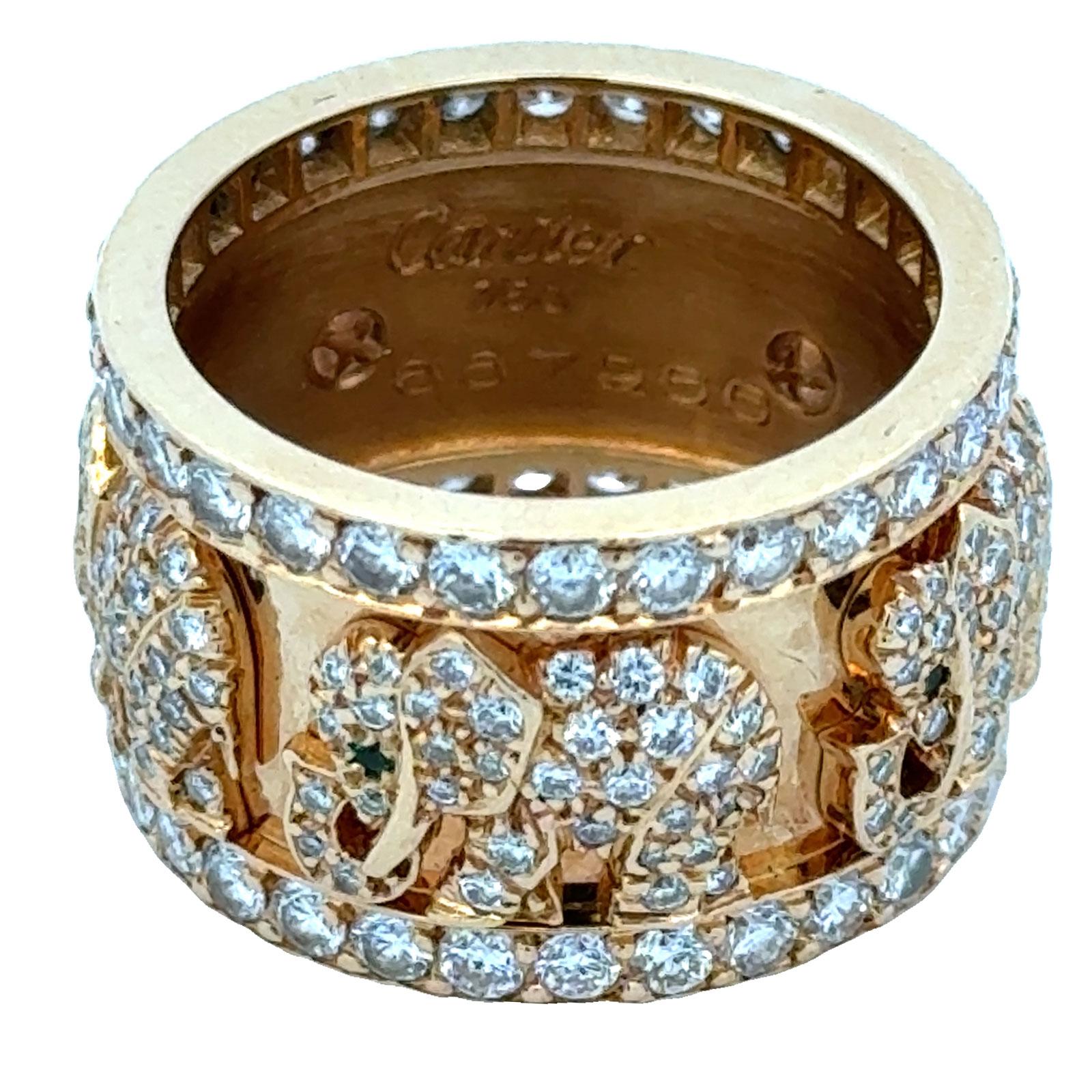 Cartier Diamond Emerald Elephant 18 Karat Yellow Gold Band Ring Size 6.5 (53)