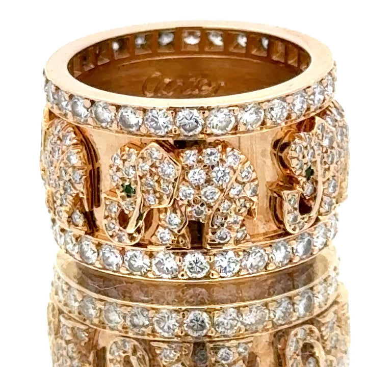 Cartier Diamond Emerald Elephant 18 Karat Yellow Gold Band Ring Size 6.5 (53)