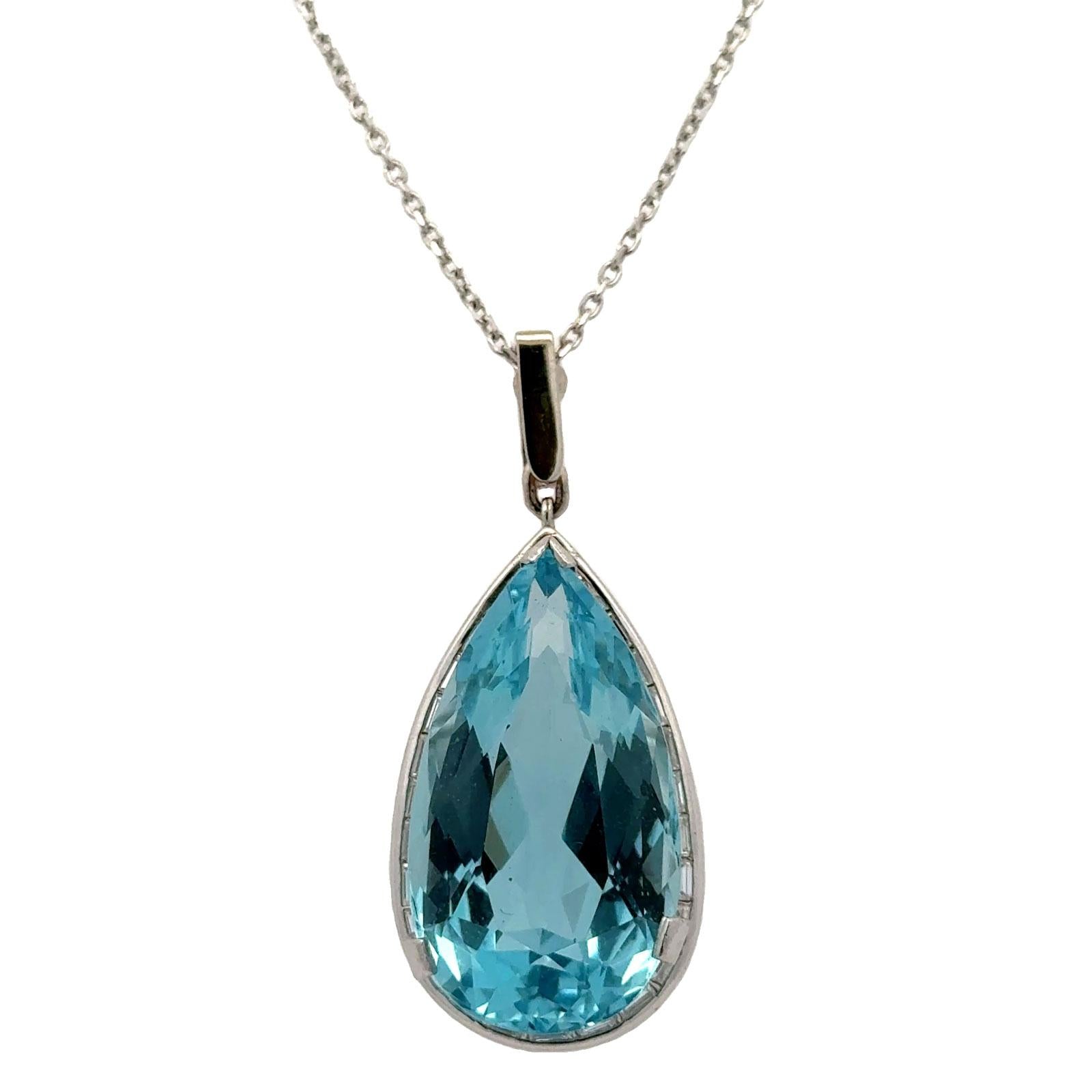 30-Carat Pear Cut Aquamarine Diamond Platinum Pendant 14KWG Chain & Baile