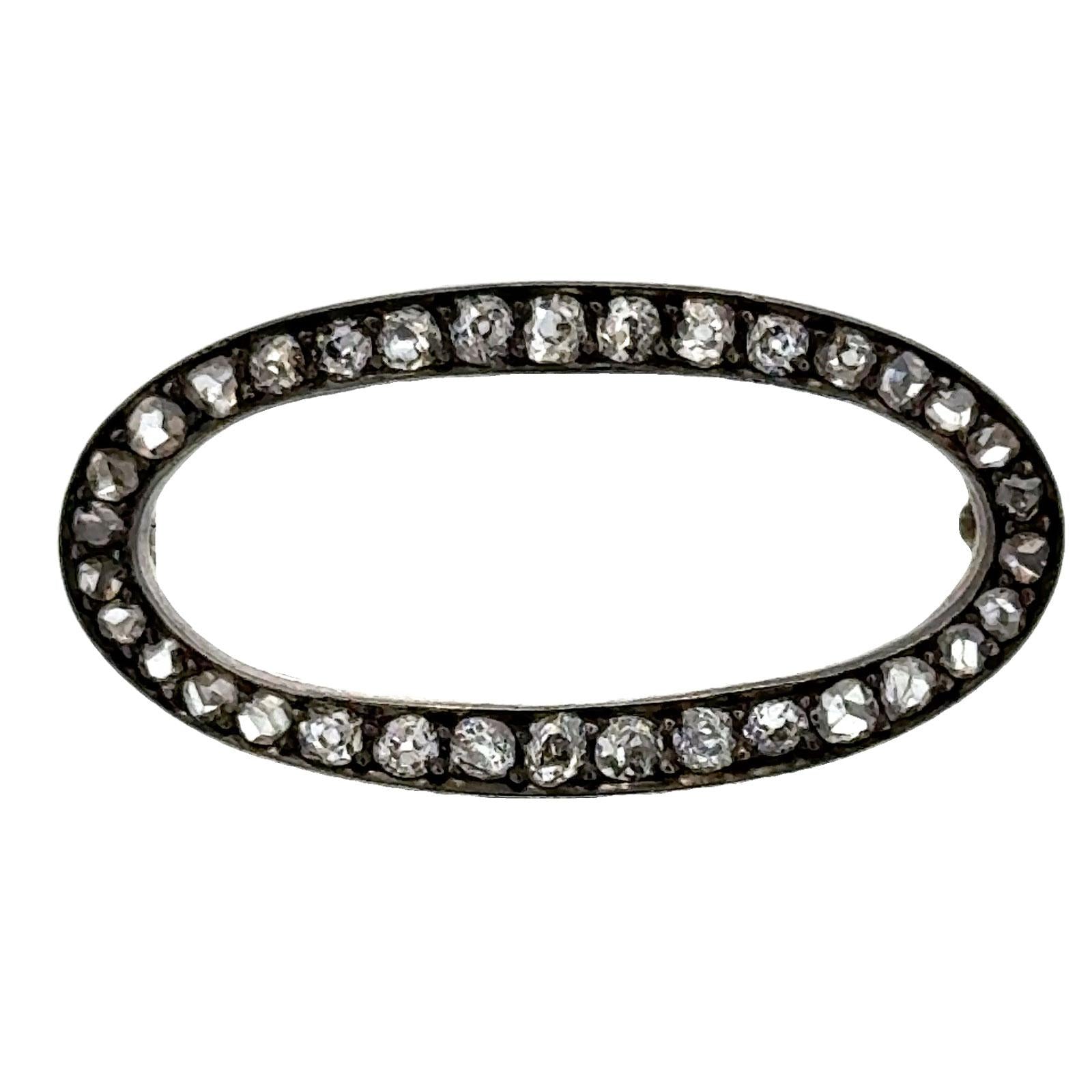 Victorian Old Mine Cut Diamond 14KYG Sterling Silver Oval Antique Brooch Pin