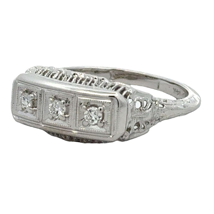 1950's Diamond Filigree 14 Karat White Gold Three Stone Vintage Ring