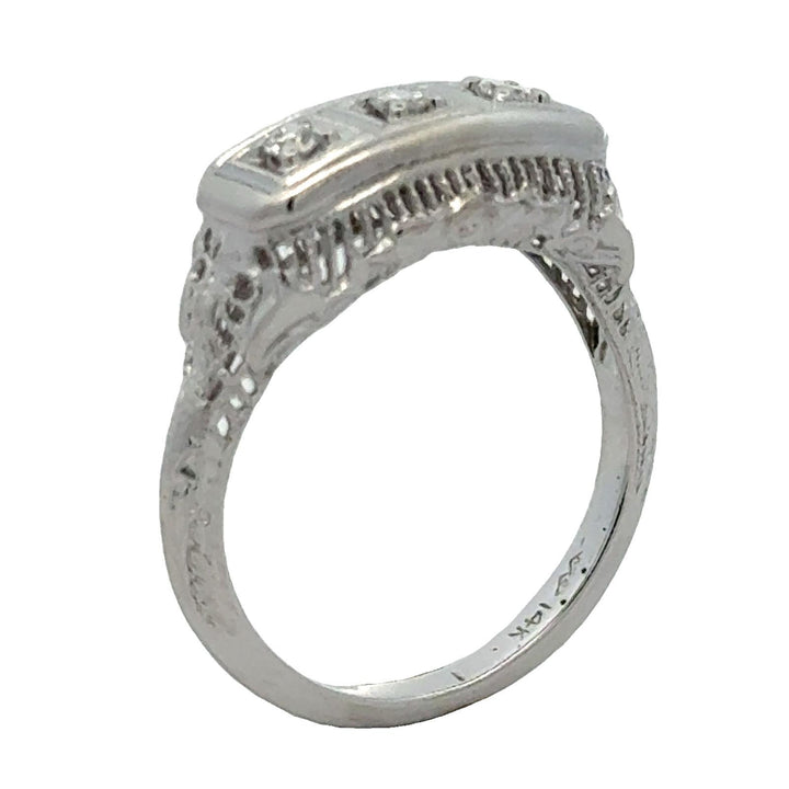 1950's Diamond Filigree 14 Karat White Gold Three Stone Vintage Ring