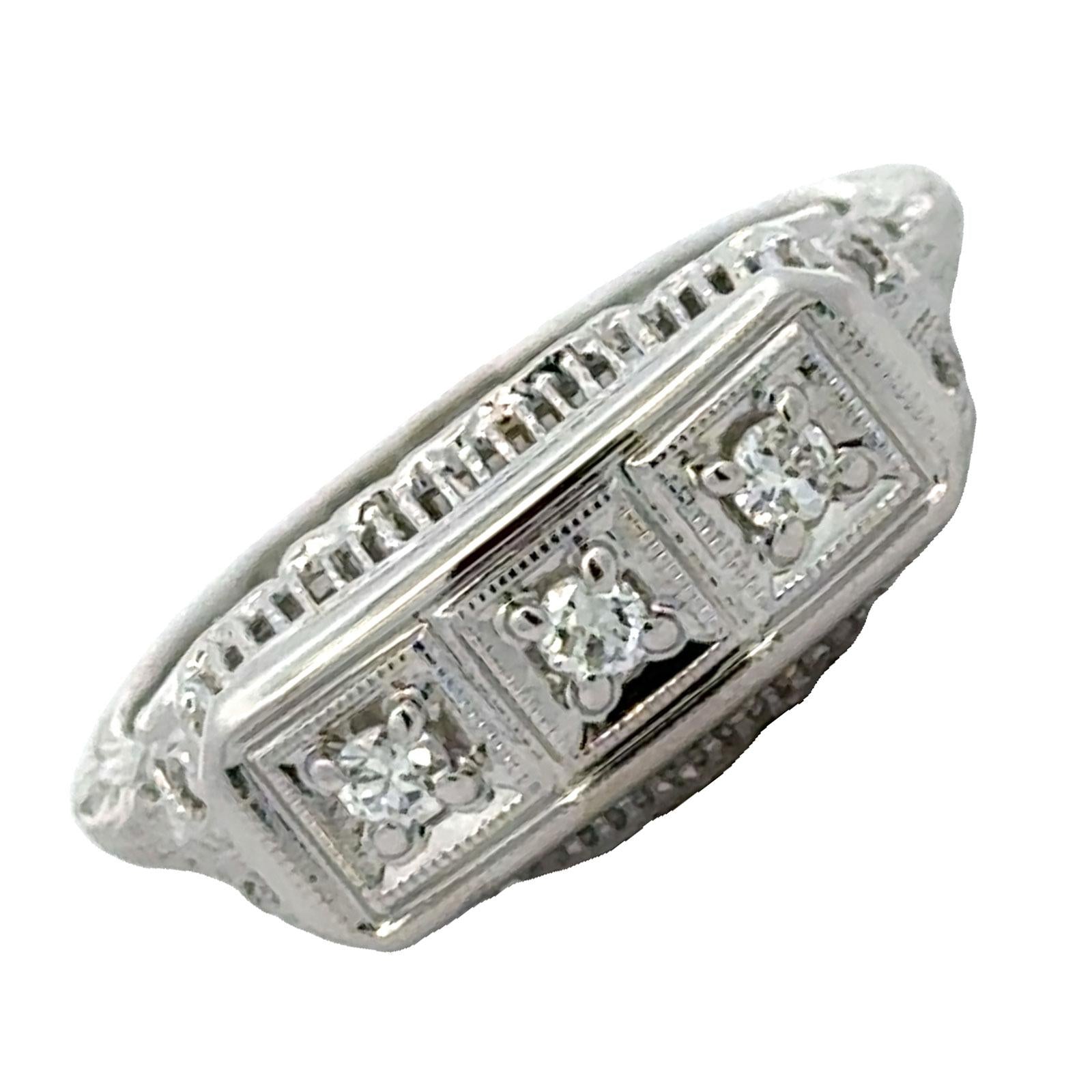 1950's Diamond Filigree 14 Karat White Gold Three Stone Vintage Ring