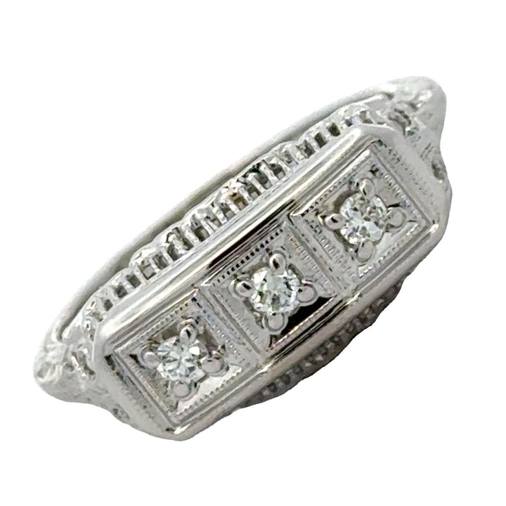 1950's Diamond Filigree 14 Karat White Gold Three Stone Vintage Ring