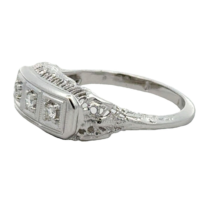 1950's Diamond Filigree 14 Karat White Gold Three Stone Vintage Ring