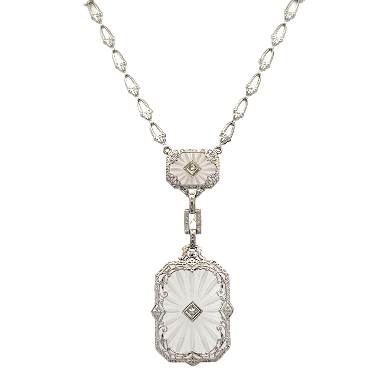Late Art Deco Carved Rock Crystal & Diamond Pendant 14KWG Link Necklace