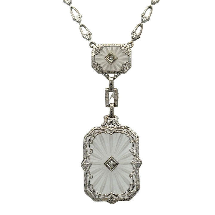 Late Art Deco Carved Rock Crystal & Diamond Pendant 14KWG Link Necklace