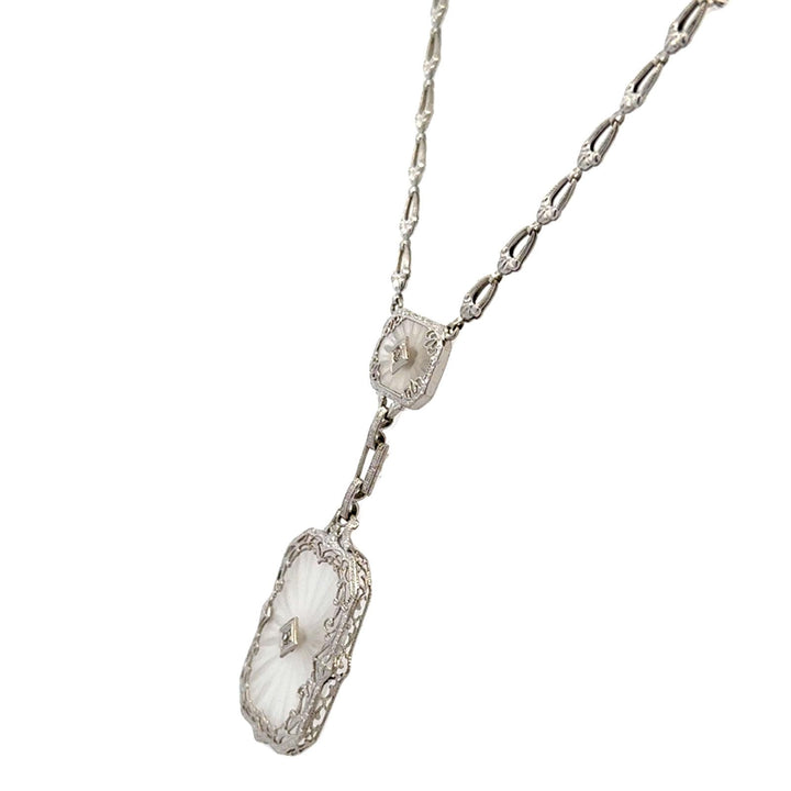 Late Art Deco Carved Rock Crystal & Diamond Pendant 14KWG Link Necklace