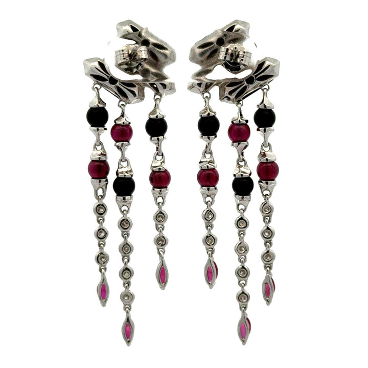 Diamond Onyx Ruby 18 Karat White Gold Deco-Inspired Dangle Drop Earrings