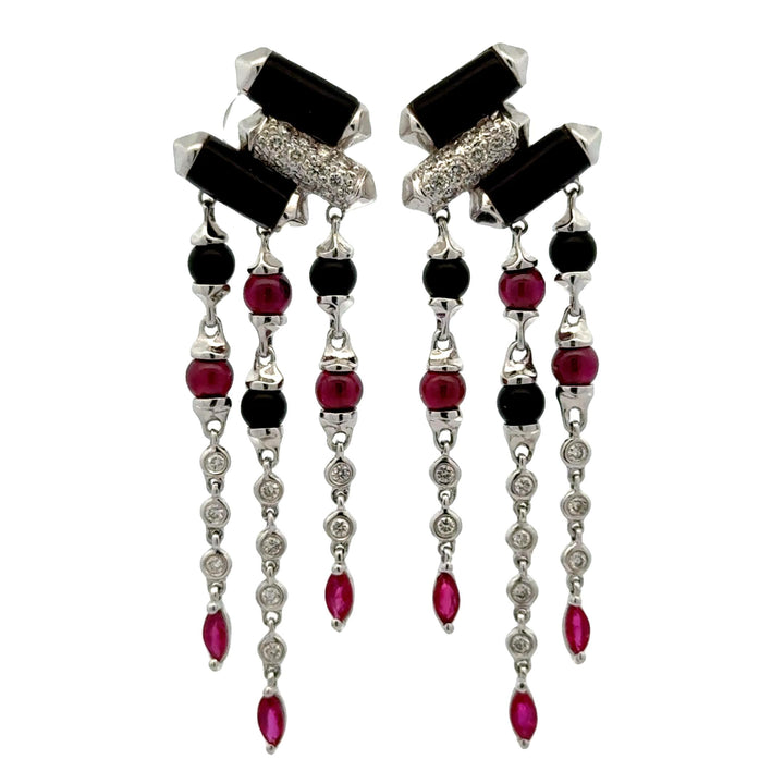 Diamond Onyx Ruby 18 Karat White Gold Deco-Inspired Dangle Drop Earrings
