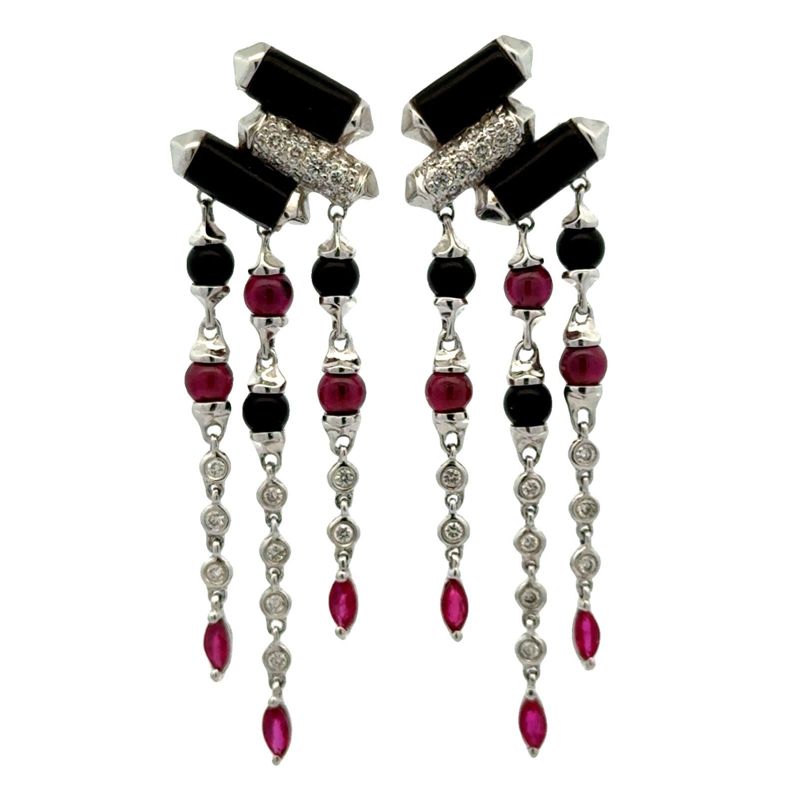 Diamond Onyx Ruby 18 Karat White Gold Deco-Inspired Dangle Drop Earrings