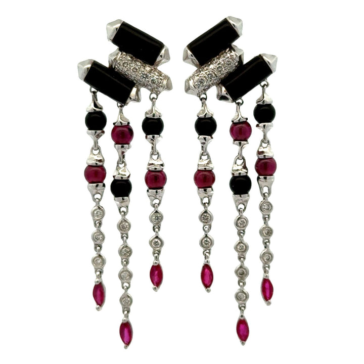 Diamond Onyx Ruby 18 Karat White Gold Deco-Inspired Dangle Drop Earrings