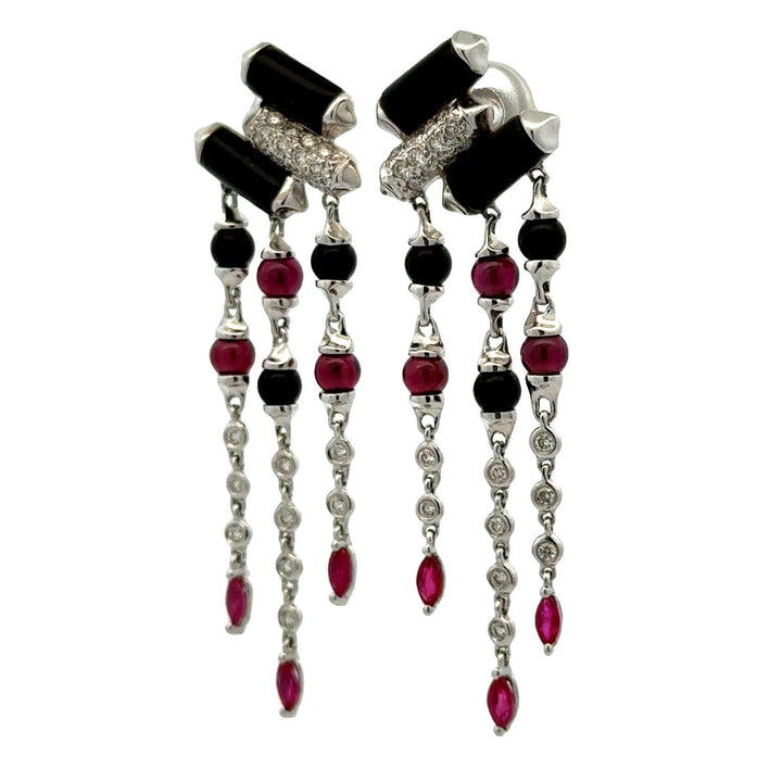 Diamond Onyx Ruby 18 Karat White Gold Deco-Inspired Dangle Drop Earrings