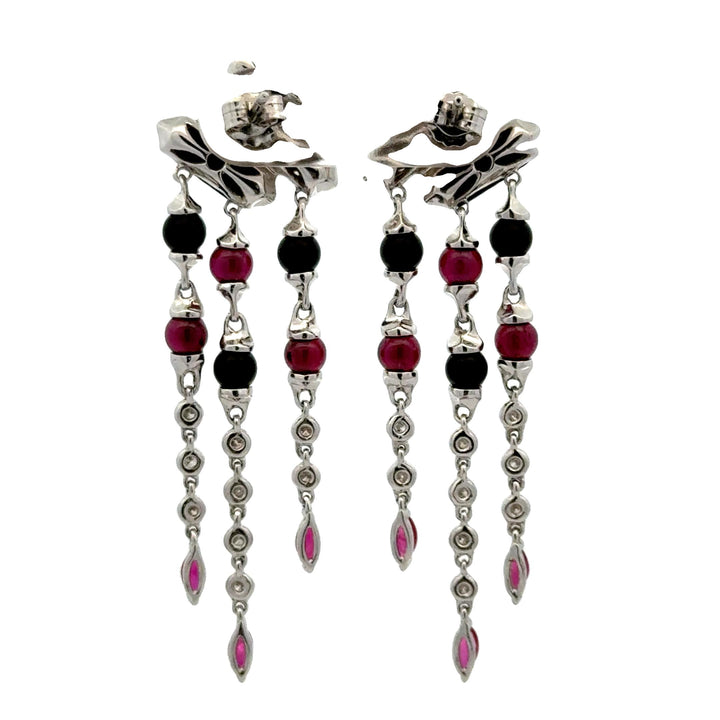 Diamond Onyx Ruby 18 Karat White Gold Deco-Inspired Dangle Drop Earrings