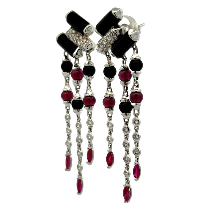 Diamond Onyx Ruby 18 Karat White Gold Deco-Inspired Dangle Drop Earrings
