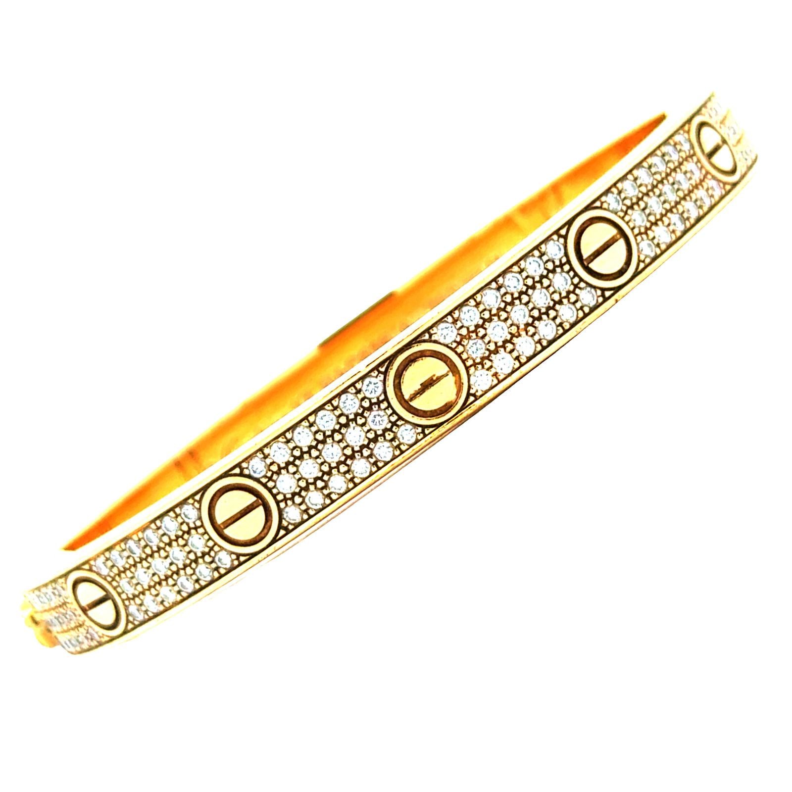 Cartier LOVE Bracelet Pavé Diamond 18 Karat Yellow Gold Size 17 B&P's