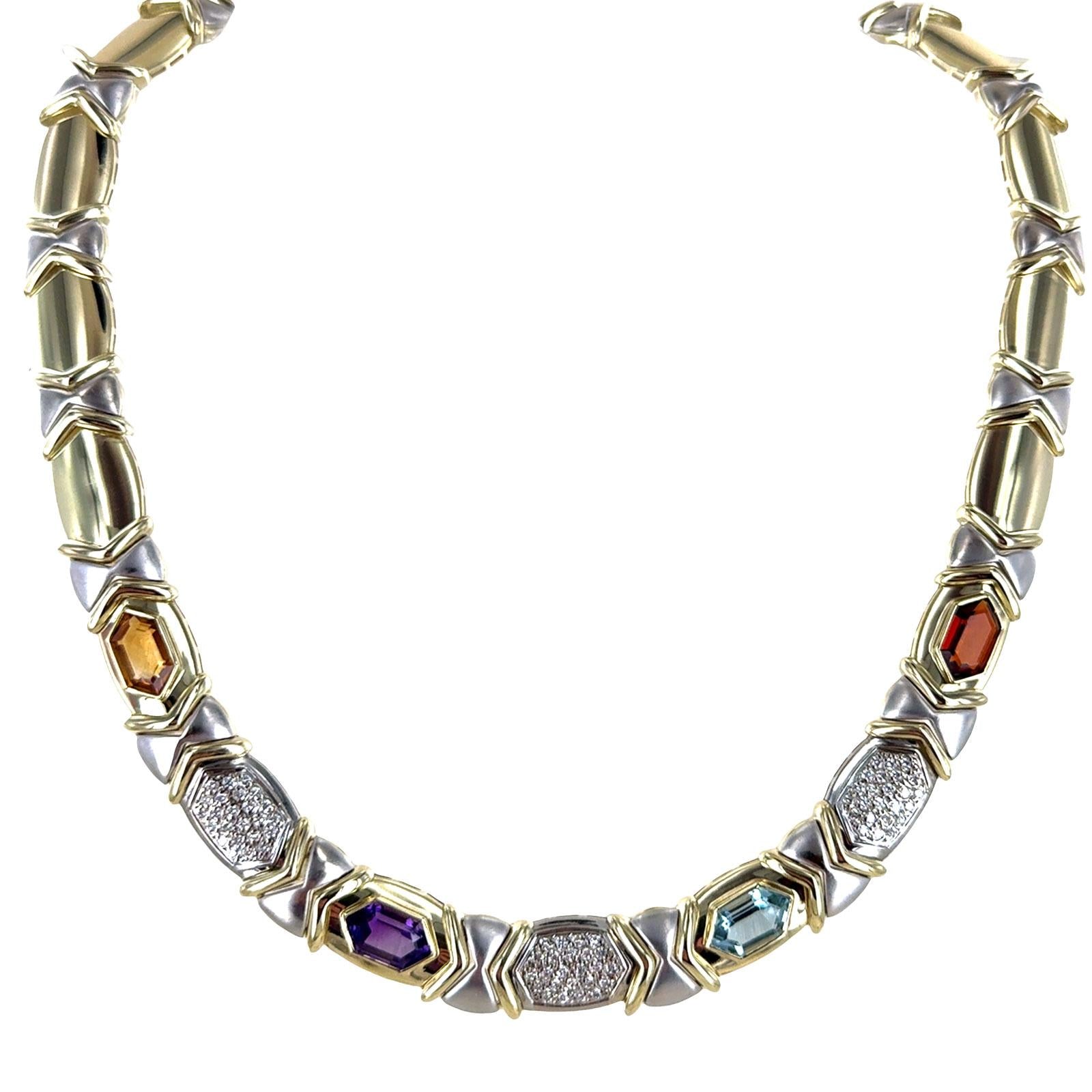 Diamond Color Gemstone 14 Karat Two Tone Gold Link Vintage Necklace