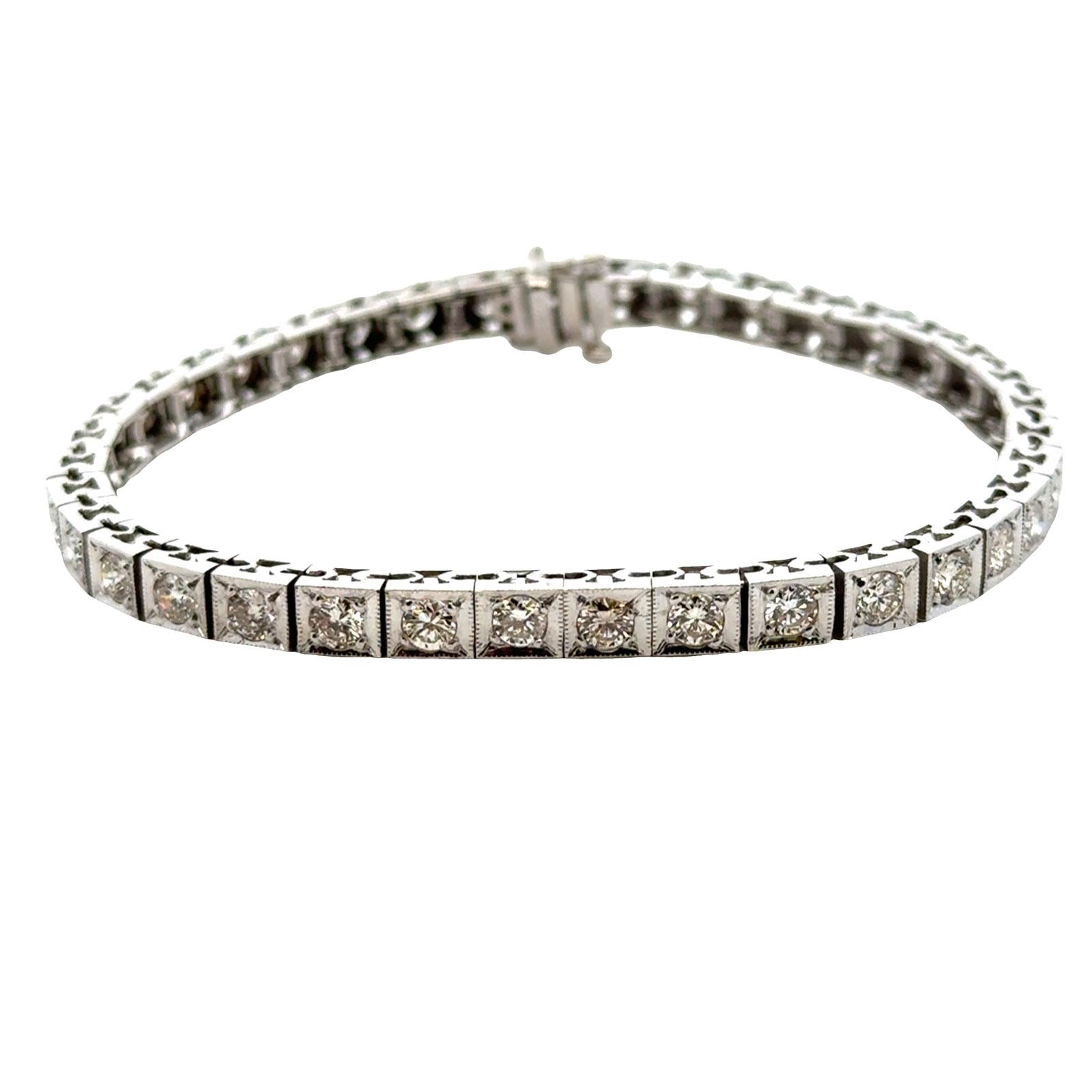 1950's Diamond Box Link White Gold Vintage Line Bracelet