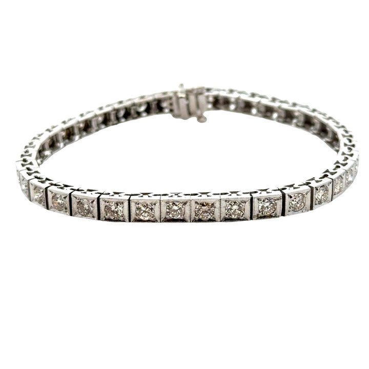 1950's Diamond Box Link White Gold Vintage Line Bracelet